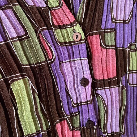 Retro Geometric Square Pleated Blouse 3/4 Bell Sleeves - Picture 9 of 12